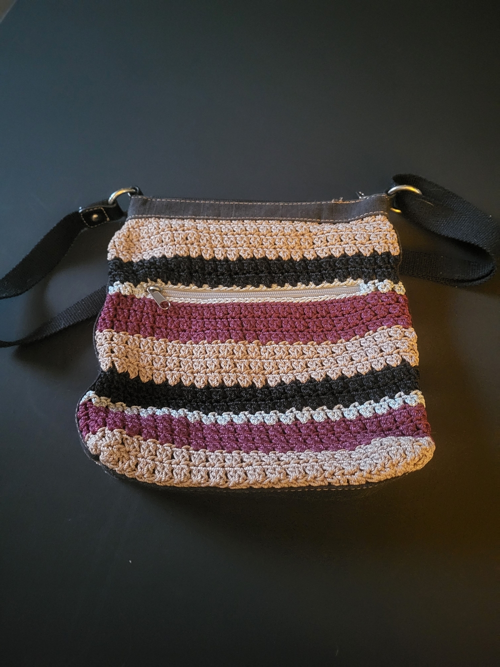 The SAK Striped Crochet Crossbody Bag in Plum, Beige & Black